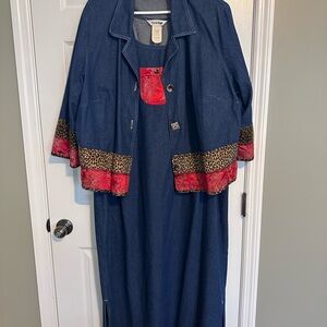 Denim Jacket and Dress Set with Red and Leopard Trim